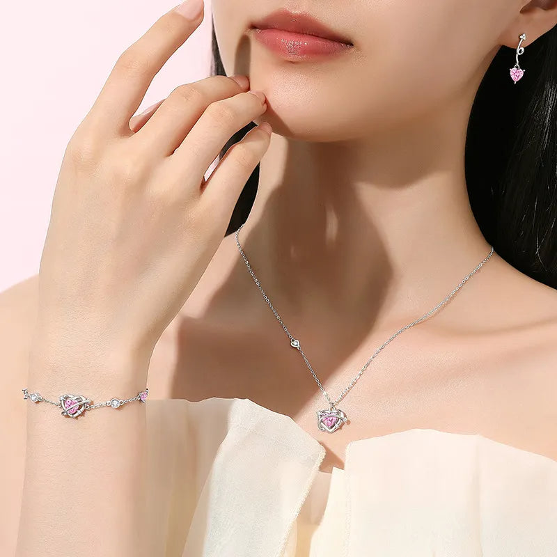 Dây Chuyền Bạc Hình Trái Tim Màu Hồng