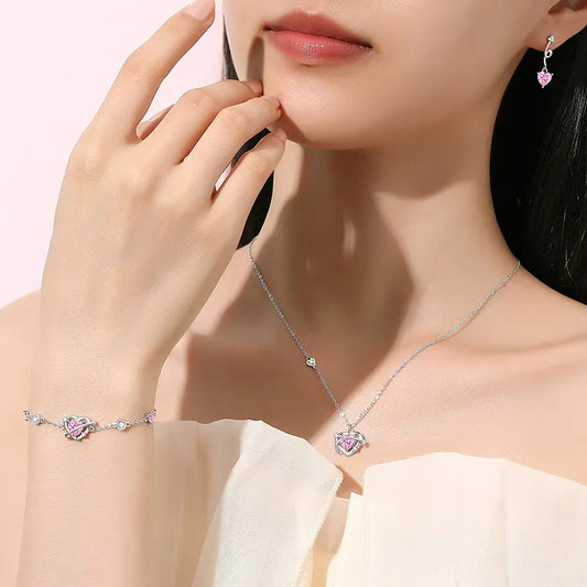 Dây Chuyền Bạc Hình Trái Tim Màu Hồng