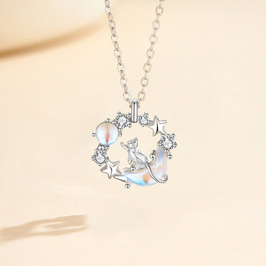 Dây Chuyền Bạc Mèo Dưới Trăng