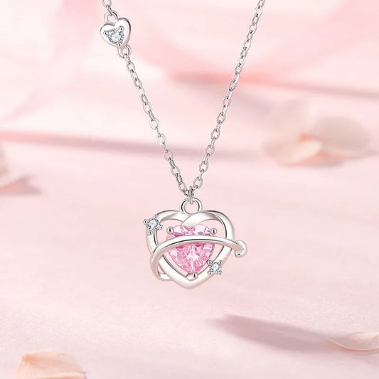 Dây Chuyền Bạc Hình Trái Tim Màu Hồng
